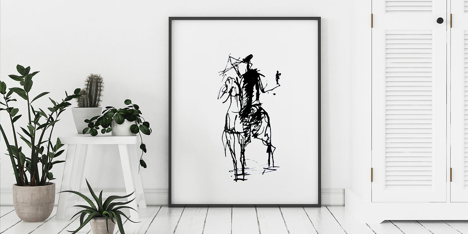 Art print of a horse rider in black and white by artist Ivan  Minekov