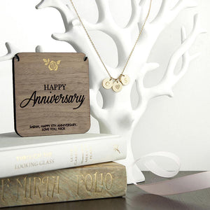 Personalised Happy Anniversary Necklace on a walnut wood keepsake - Lantern Space