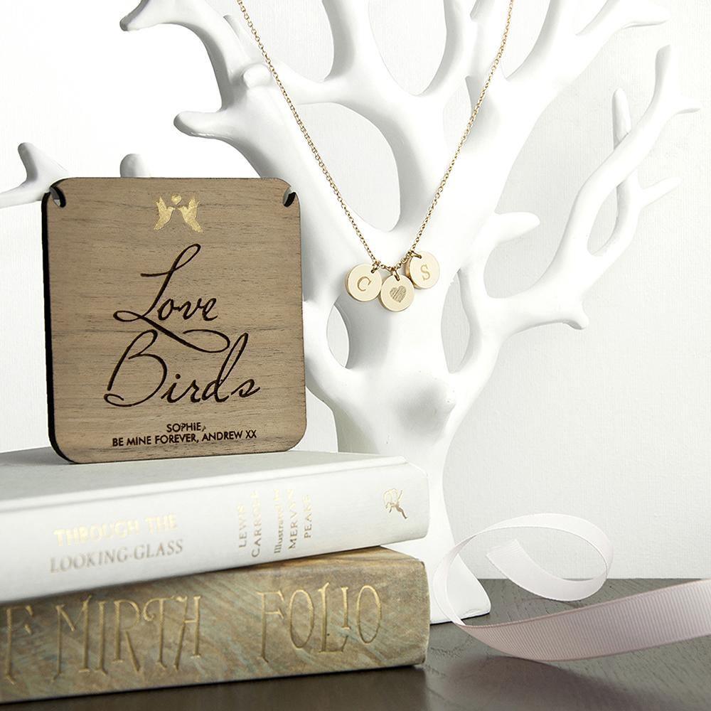 Personalised Love Birds necklace on a walnut wooden keepsake - Lantern Space